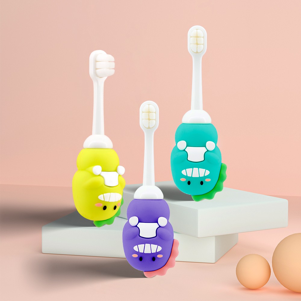 Super Soft Dinosaur Toddler Toothbrush with Tongue Cleaner Extra Soft Bristles for Kids Teeth Cleaning