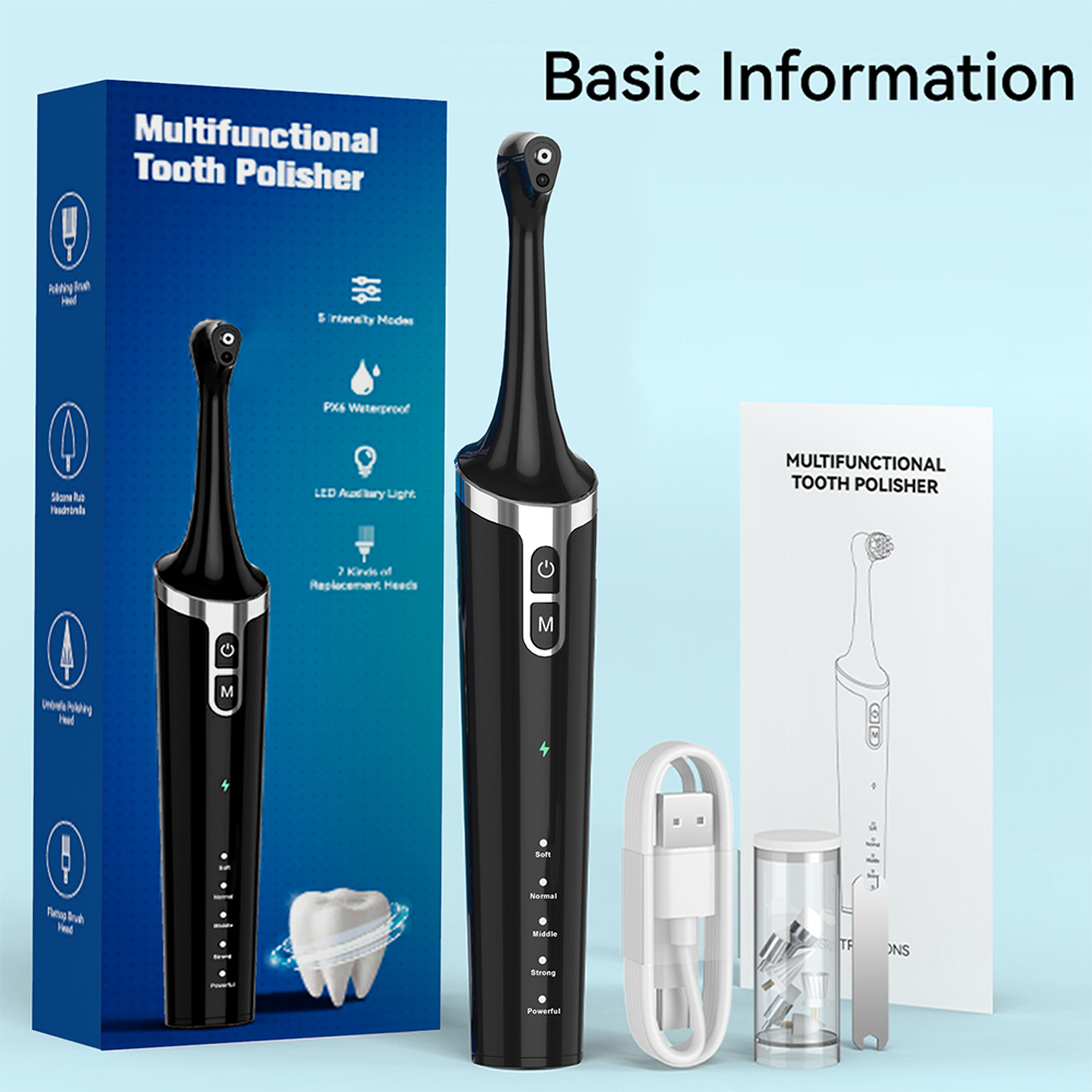 Home Use Sonic Rechargeable Electric Tooth Polisher 7 Brush Heads Waterproof IPX7 Medium Whitening Polishing