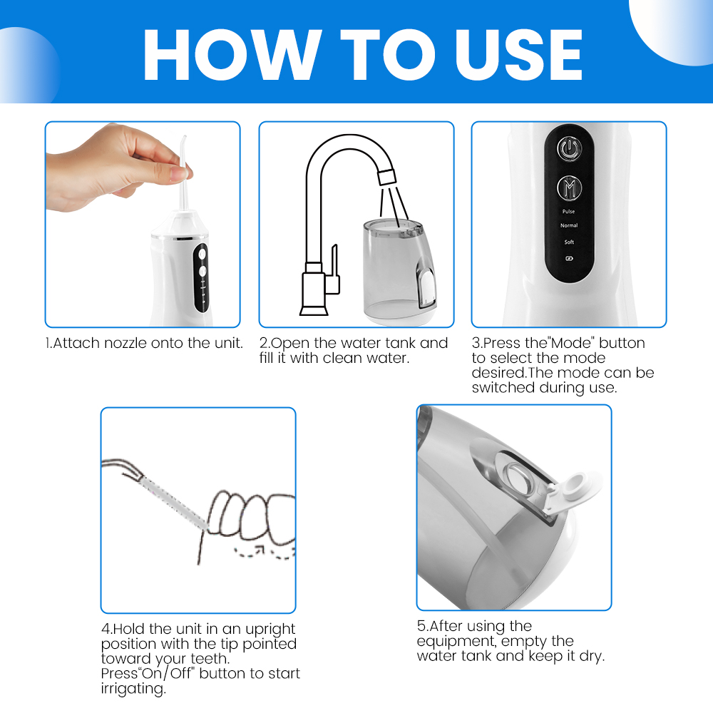 Professional Portable Water Flosser 380ml High Capacity Oral Irrigator with 4 Cleaning Modes