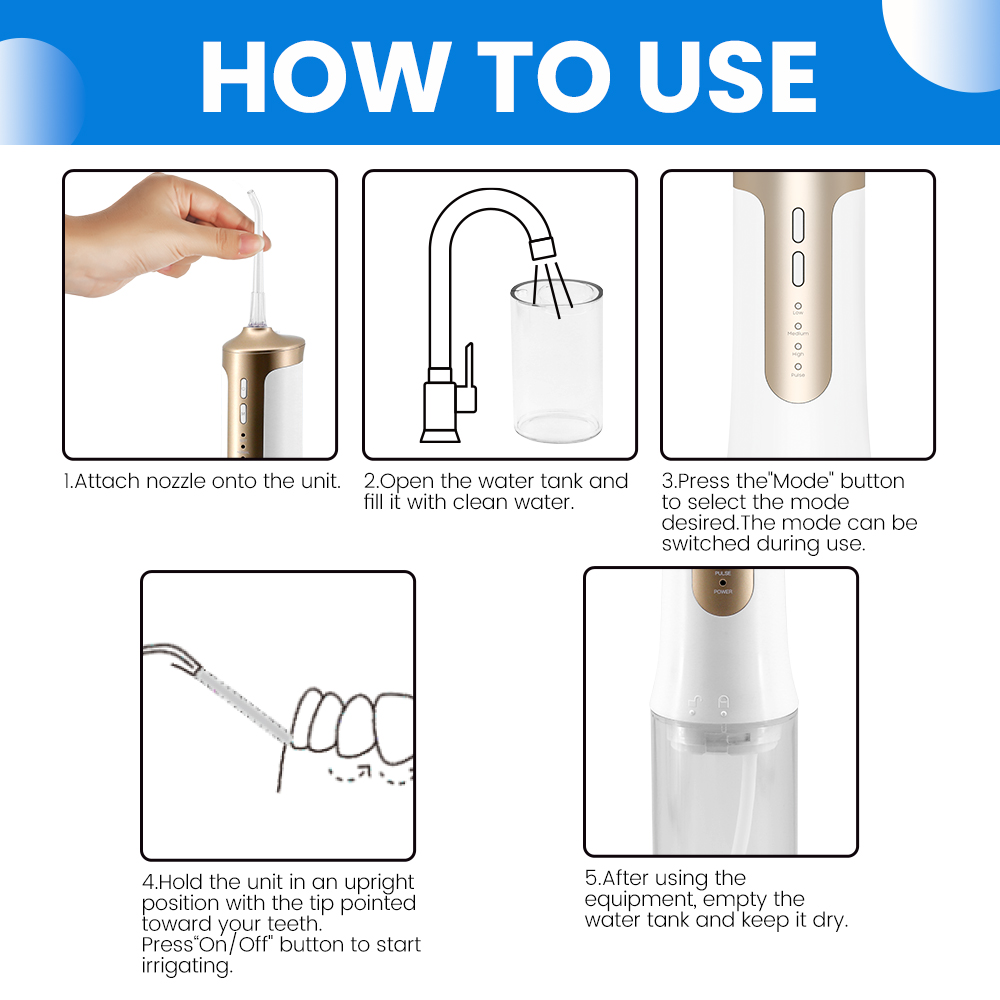Portable Cordless Oral Irrigator IPX7 Waterproof 3 Modes Water Flosser OEM Manufacturer